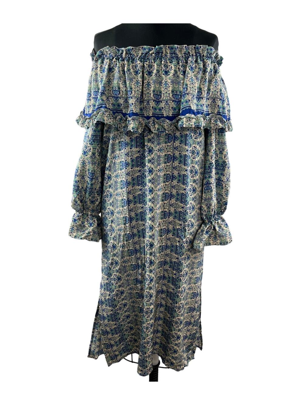 Kristinit Off The Shoulder Silk Dress Balloon Sleeve Flounce Neck Ruffles Sz XS